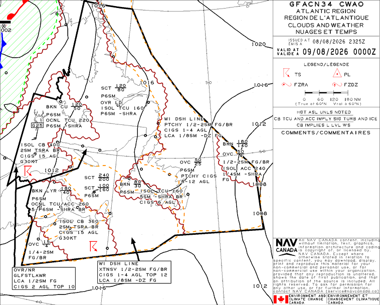 Sample Graphic Area Forecast (GFA) clouds and weather panel - training example only, not for operational use