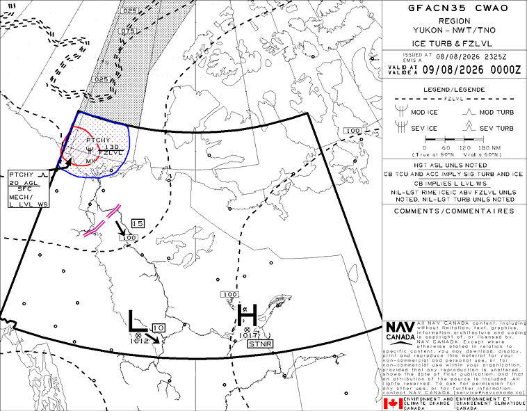 Real GFA icing, turbulence and freezing level chart GFACN35 for Yukon and NWT, valid 0000Z August 9 2026, showing an area of moderate mixed icing, mechanical turbulence and freezing level contours