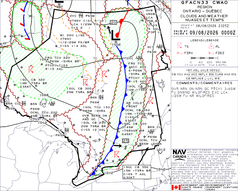 Real GFA clouds and weather chart GFACN33 for Ontario and Quebec, valid 0000Z August 9 2026, showing a cold front with thunderstorms, a low over northern Quebec, fog areas and wildfire smoke