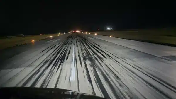 landing on a runway at night